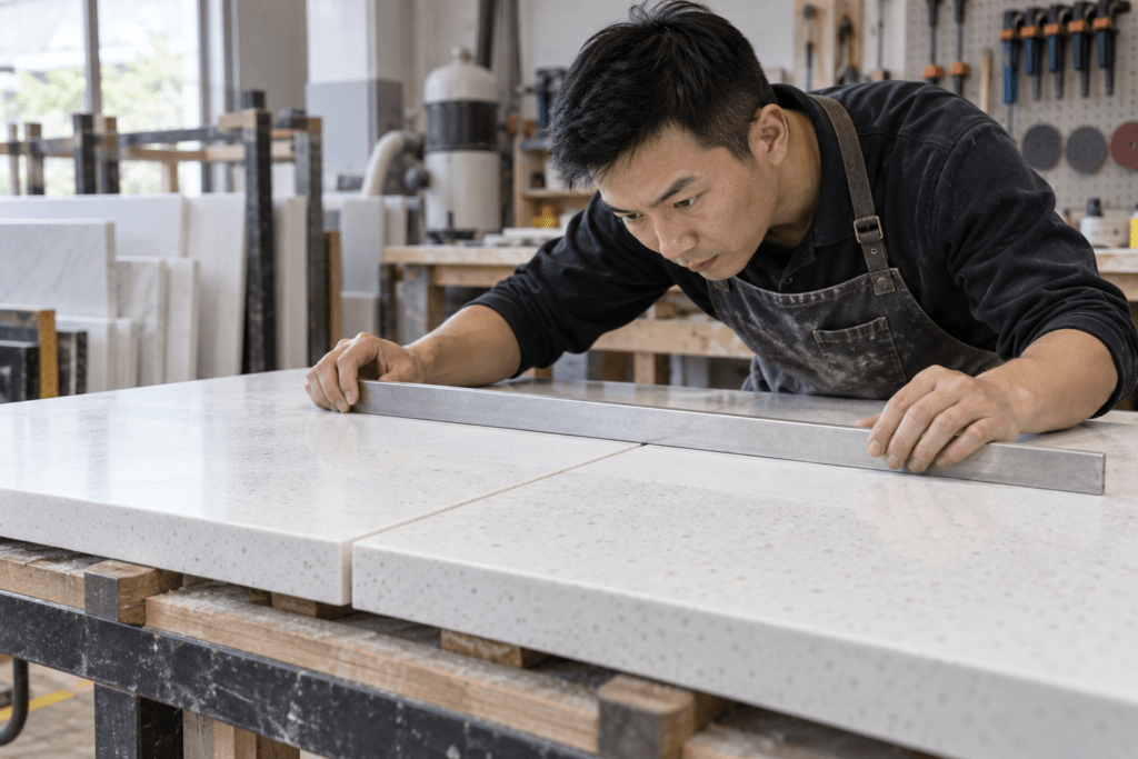 Fabricator checking solid surface sheet edges with a straightedge