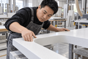 Fabricator inspecting a rounded solid surface countertop cutout in a workshop