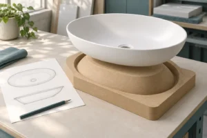 Illustration of a white solid surface basin above an MDF forming mould on a workbench.
