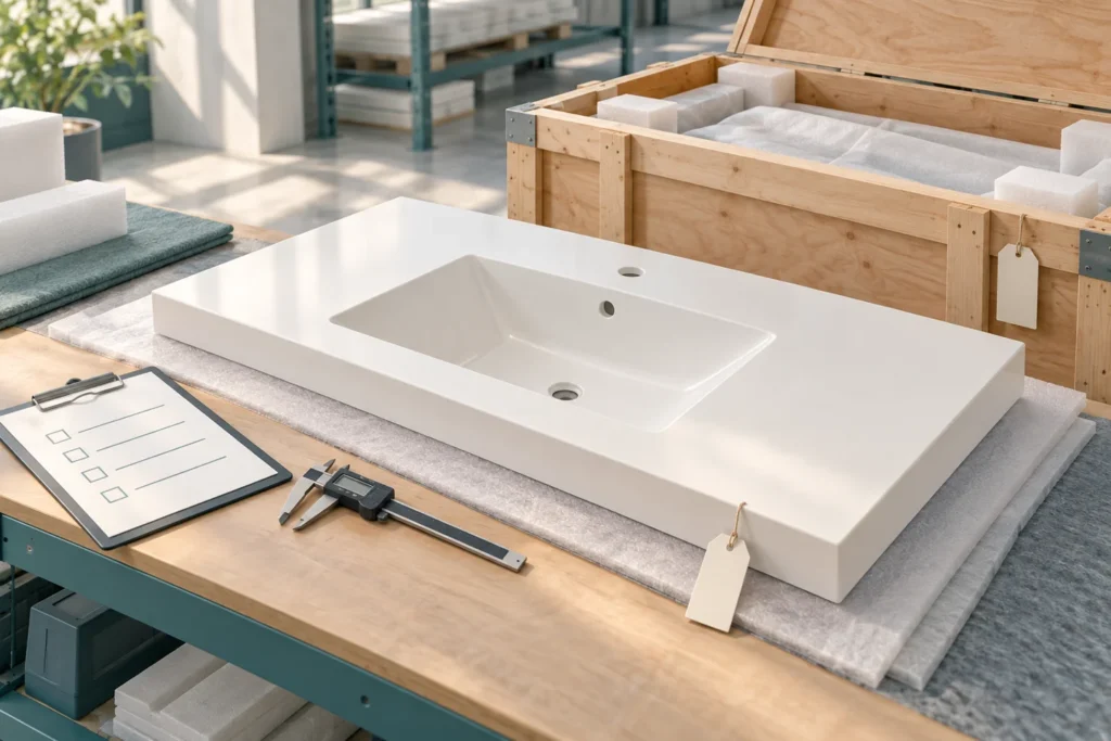 Illustration of a solid surface vanity top, inspection checklist and labelled shipping crate.