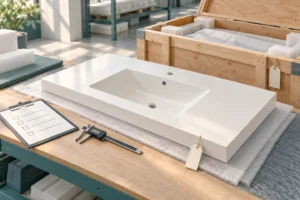 Illustration of a solid surface vanity top, inspection checklist and labelled shipping crate.