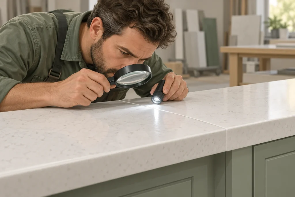 Illustration of a technician inspecting a solid surface countertop seam with a magnifier and light.