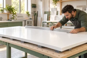 Illustration of a technician checking the flatness of a solid surface sheet with a straightedge.